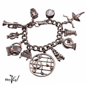 Vintage 50s Music Chunky Charm Bracelet Drum Piano Horn Harp Dancer - Hey Viv